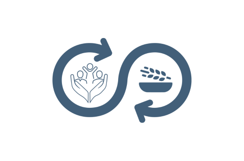 A child protection and a food security icon, interlinked by a figure of 8 shaped arrow